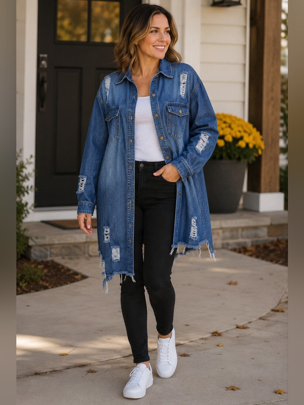 DvaeMalligo Women's XL Distressed Oversized Denim Shirt Jacket Shacket